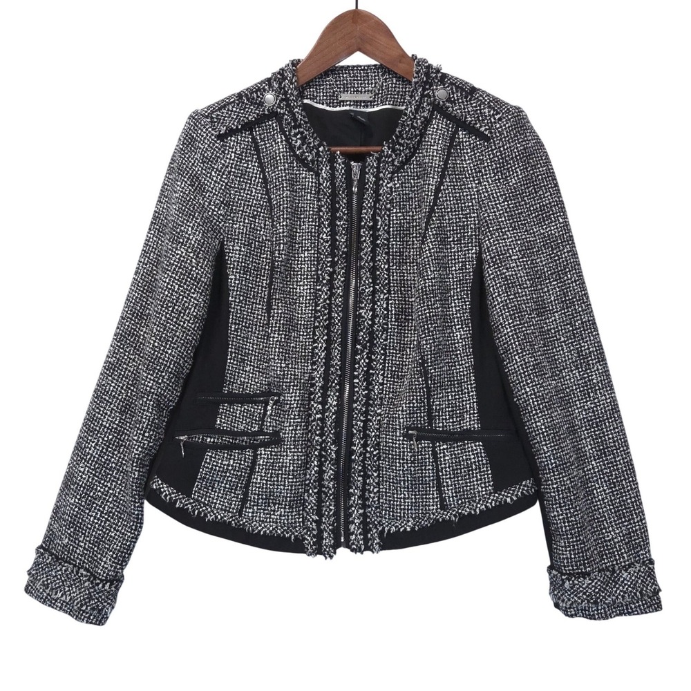 White House Black Market Tweed Jacket 10 Full Zip Bouclé Fringe Office Layering